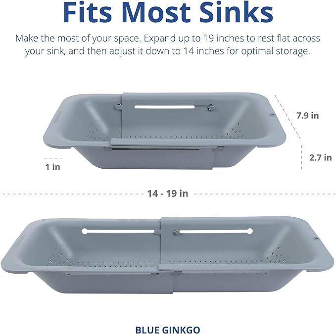 Blue Ginkgo Over Sink Colander, Extendable Kitchen Strainer, Grey | Fits Most Sinks. Rinse, Drain and Dry with Ease.