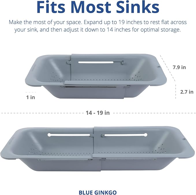 Blue Ginkgo Over Sink Colander, Extendable Kitchen Strainer, 2-Pack, Grey | Fits Most Sinks. Rinse, Drain and Dry with Ease.