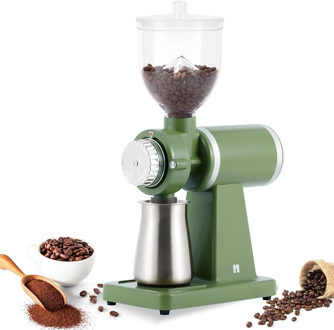 Huanyu 60mm Flat Burr Coffee Grinder, Retro Cream Green for Home Cafe | Stainless steel burr, 8 precision grind settings, 250g hopper, magnetic anti-splash outlet, sifting cup, for home cafe, 200w