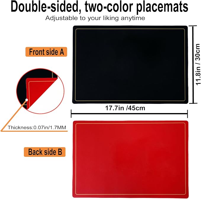 Faux Leather Placemats Set of 4, 11.8"x17.7", Black & Red | Reversible Table Mats, Waterproof, Stain & Heat Resistant, Easy Clean for Dining, Gatherings, Outdoor