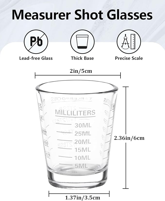 SAIAOKJ Shot Glass Measuring Cup Set, 6 Pack Espresso Shot Glasses (White) | Glass measuring cups feature 26 markings up to 1 OZ, 2 TBS, 6 TSP, 30 ML for espresso, liquor, medicine and recipes