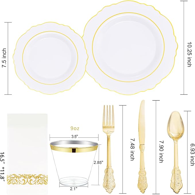 350 Pieces Gold Disposable Plates for 50 Guests, Plastic Plates for Party, Dinnerware Set of 50 Dinner Plates, 50 Salad Plate, 50 Spoons, 50 Forks, 50 Knives, 50 Cups for Wedding/Party
