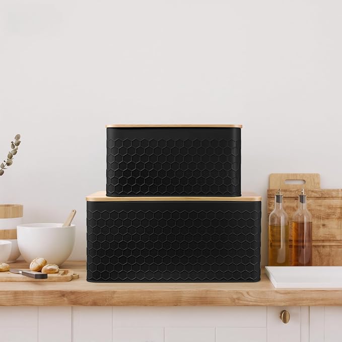 Metal Bread Box Set of 2 with Bamboo Lid, Modern Bread Storage Containers with Air Vents, Bamboo Cutting Board Lid, Farmhouse Kitchen Decor Organizer for Countertop, 2-Size,Embossed Black