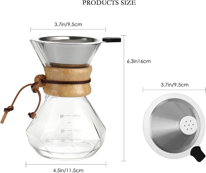Lalord Pour Over Coffee Maker, 400ml/13.5oz Borosilicate Glass Carafe with Stainless Steel Filter & Modern Wooden Collar, 2 Cups Capacity, Clear