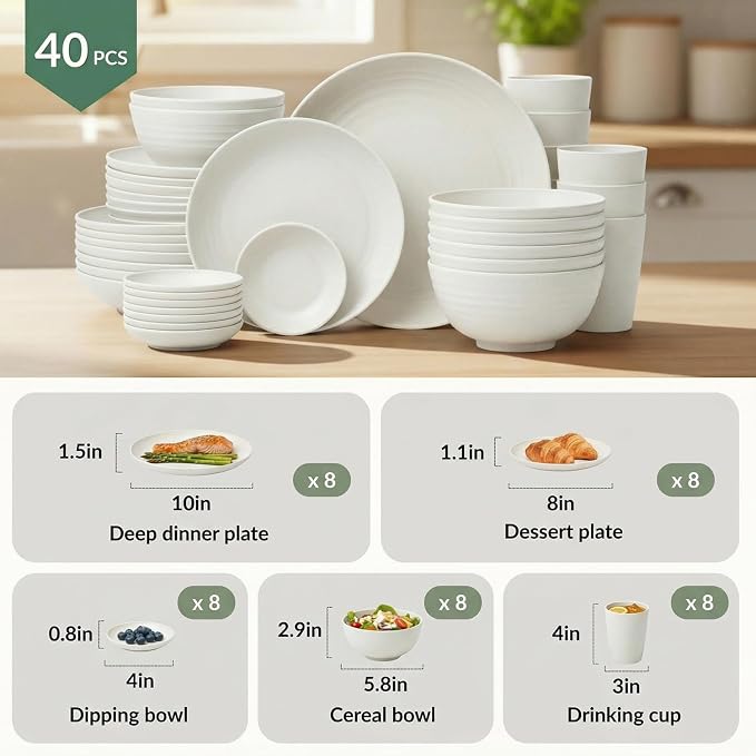 40 PCS Kitchen Dinnerware Sets, Wheat Straw Plates and Bowls Sets, Unbreakable Dishes Set for Camping, Picnic, Microwave and Dishwasher Safe, Plates, Bowls, Cups, Service for 8 (White)
