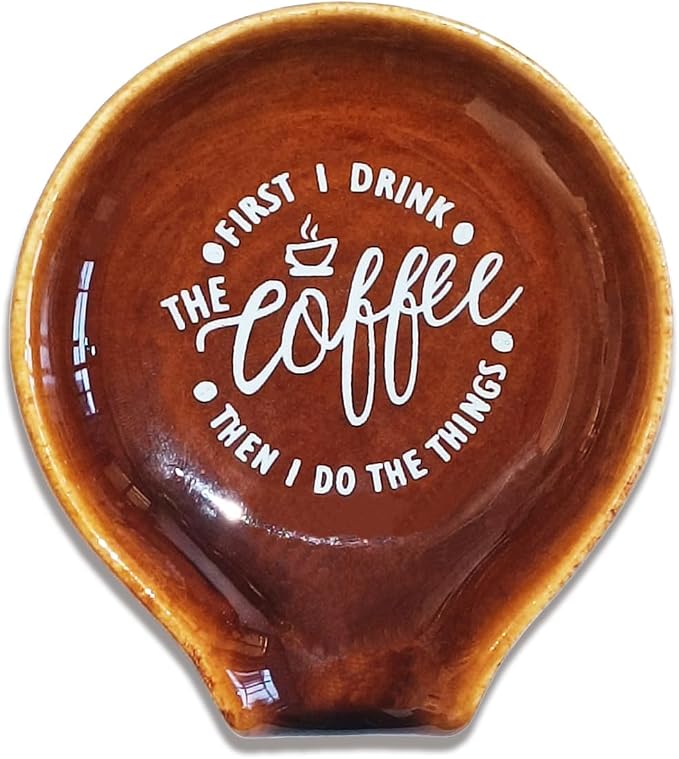 Littlefa Coffee Spoon Rest Holder-Coffee Bar Accessories-Rustic Brown | Farmhouse Ceramic Coffee Spoon Rest for Coffee Bar Accessories Essentials, Coffee Lovers Gifts, But First I Drink Sign