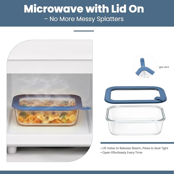 Taree Glass Food Storage Containers with Glass Silicone Lids,22/35oz, Blue | Meal prep,office lunches&eftover storage,borosilicate glass,microwave safe reheating with steam vent,BPA free,dishwasher safe