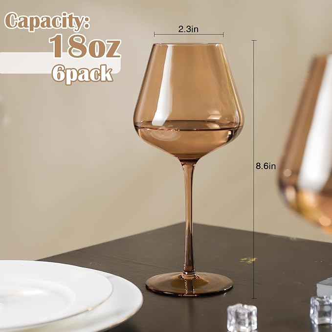 Amber Wine Glass Set of 6-18oz Lead-Free Crystal Burgundy Wine Glasses, Glassware for Parties& Special Occasions