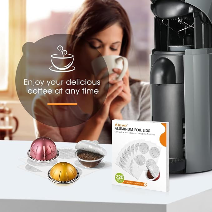 Aieve 220 Pcs Aluminum Foil Seal Lids for Reusable Nespresso Pods Vertuo Compatible with Nespresso Refillable Capsule
