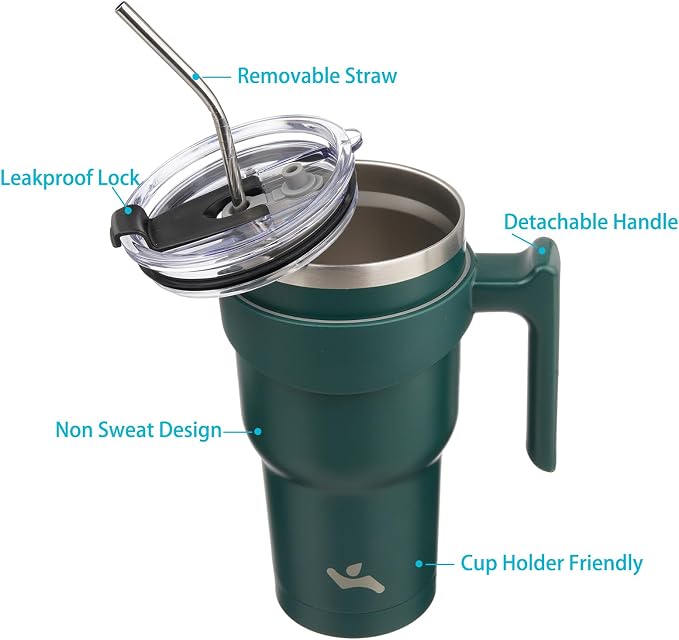 Konokyo 30 oz Tumbler with Handle and Straw, Insulated Travel Mug | Army Green; BPA-free, leak-proof tumbler with 2 lids, 2 straws, cup holder fit for coffee, office, travel & daily use