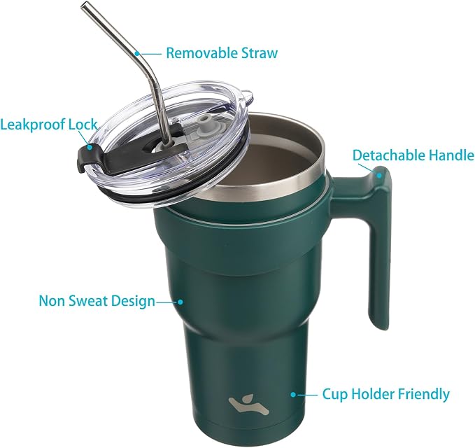 Konokyo 40 oz Tumbler with Handle and Straw, Insulated Travel Mug | Army Green; BPA-free, leak-proof tumbler with 2 lids, 2 straws, cup holder fit for coffee, office, travel & daily use