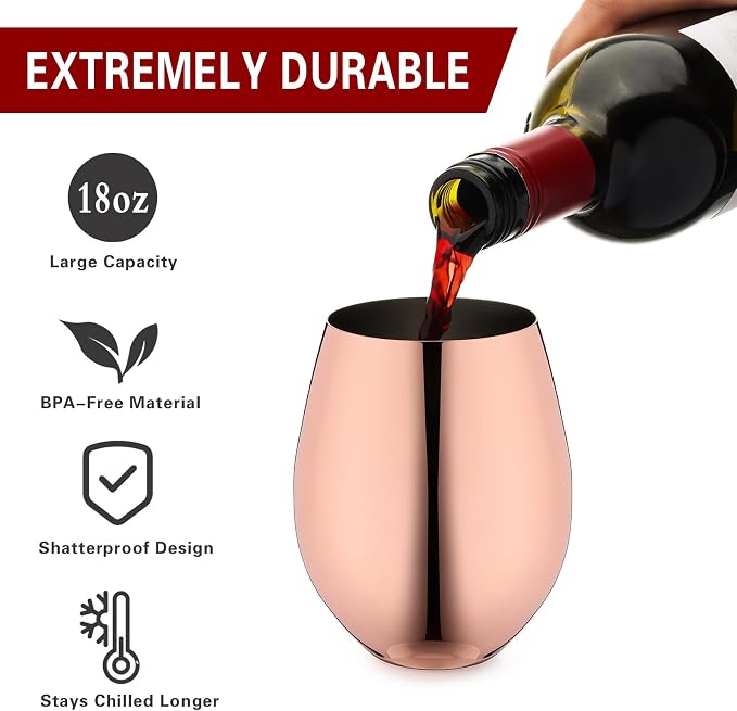 WOTOR Rose Gold Stemless Wine Glasses, 18oz, Stainless Steel, Set of 4 | Unbreakable, Metal, Outdoor Events, Ideal Gift