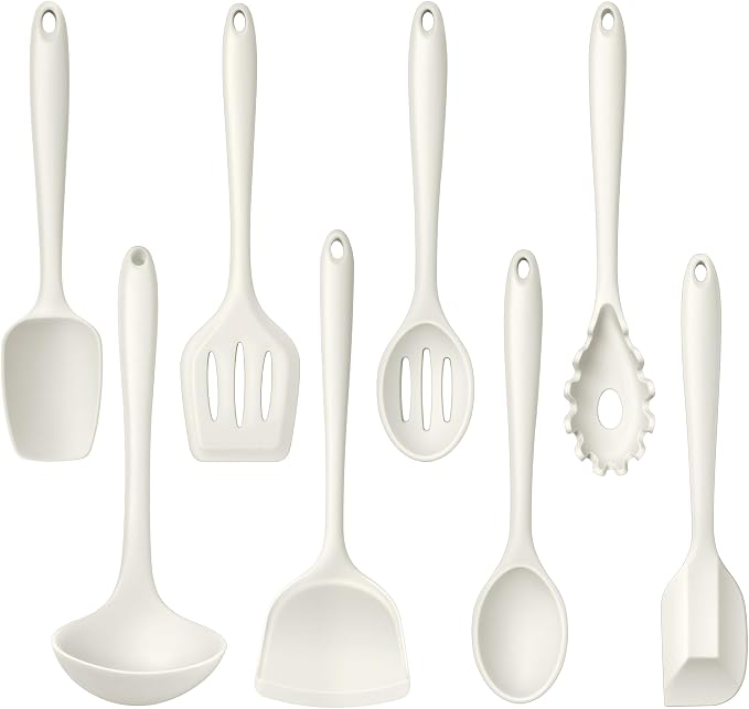 LIANYU 8Pcs Kitchen Cooking Utensils Set, Nonstick Silicone Utensil Sets | Heat Resistant Kitchen Gadgets Essentials for Nonstick Cookware, with Spatula, Spoon, Tuner, Ladle, Dishwasher Safe, White
