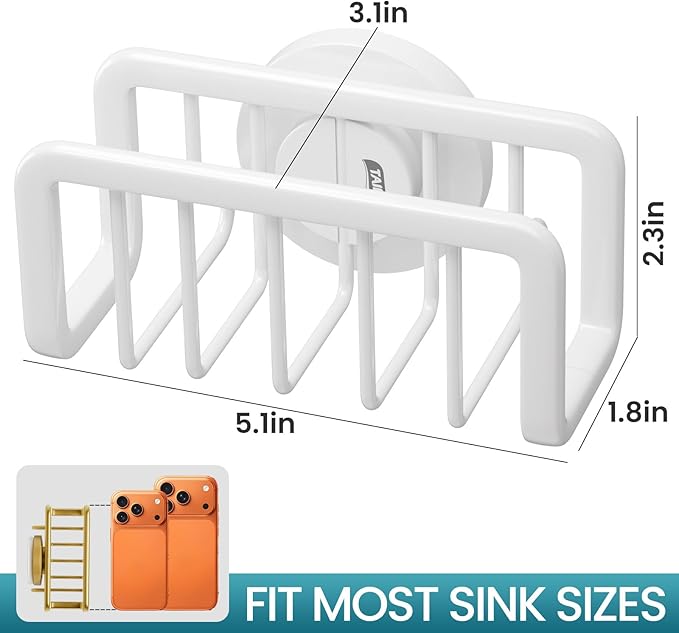 TAILI Sink Caddy with Strong Suction Cup, Sponge Holder for Kitchen-White | Sponge Caddy for Kitchen Sink Oganizer, Removable Rustproof Aluminum Sponge Holder for Dish Brush, Scraper, Scrubber