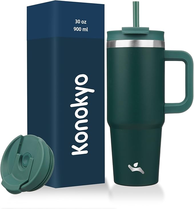 Konokyo 30 oz Insulated Tumbler Water Bottle with Handle, Straw Lid | BPA-free and dishwasher safe; made for gym, travel, coffee and gifting, 2 straws, cup holder friendly,Dark Green