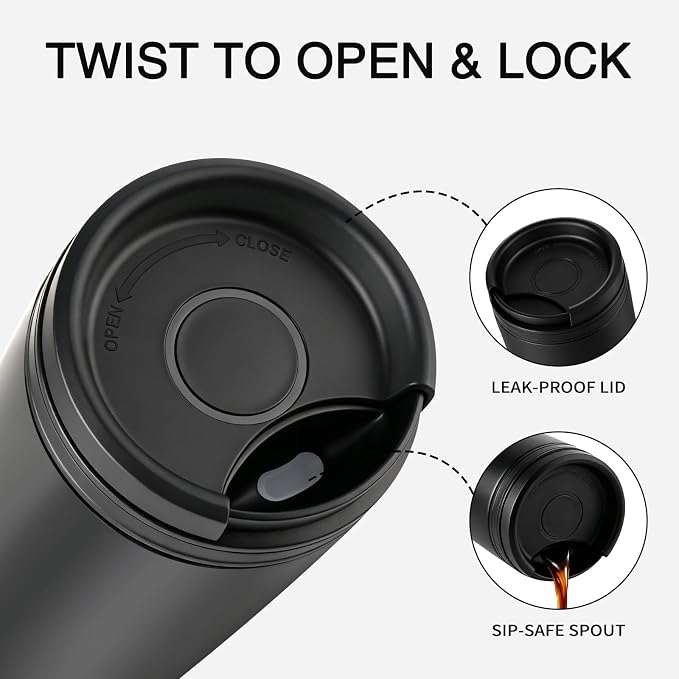 16 oz Travel Coffee Mug with Twist-Open Lid, Leak Proof Coffee Travel Mug, Insulated Tumbler Stainless Steel Coffee Cup For Hot And Iced Cold, Spill Proof Fits Cup Holder (Black)