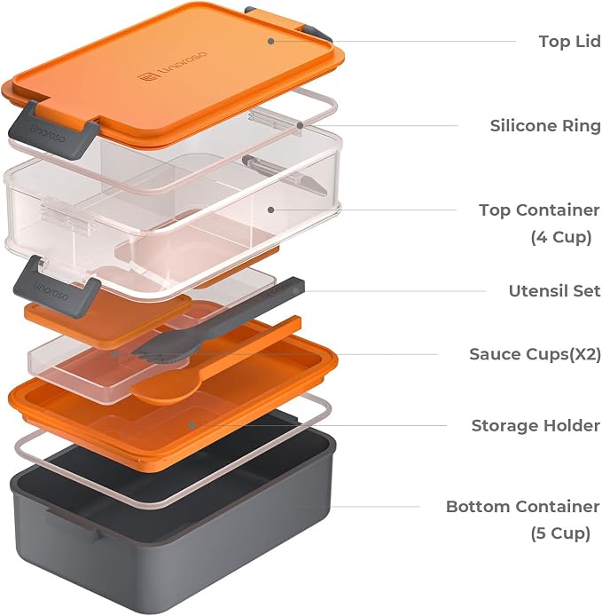 Stackable 2-Tier Adult Bento Box, 4 Compartments - Lava Orange | leakproof bento lunch box with fork & spoon + sauce cups, microwave/dishwasher safe, perfect for office, school & daily meals
