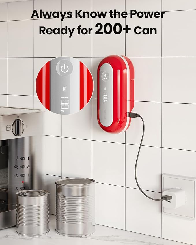 Canslab Retro Rechargeable Electric Can Opener, LED Battery Track&Auto Stop | True One-Touch Operation, Wall-Mountable Small Size, Side Cut Smooth Edge, USB Rechargeable, for Seniors with Arthritis, Red