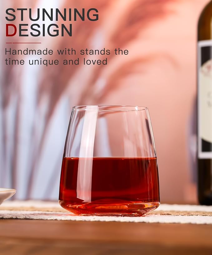 Stemless Wine Glasses Set of 6-15oz【Hand-Blown】 Durable Red White Wine Glasses,Unique Crystal Gifts for Him/Her for Wedding, Birthday,Father's Day