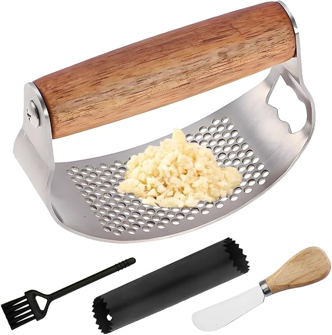 Garlic Press Rocker Stainless Steel Ginger Crusher, Garlic Mincer and Squeezer Kitchen Gadget with Ergonomic handle, Silicone Tube Garlic Peeler, Scraper and Cleaning Brush Tool Set