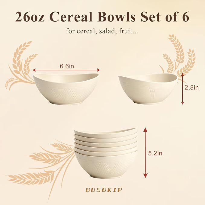 Salad Bowls 26oz, Oval Wheat Straw Bowls Sets of 6, Unbreakable Breakfast Bowls for Cereal, Soup, Rice, Fruit, Microwave Safe Plastic Bowls for Kitchen, Camping, Apartment - Beige