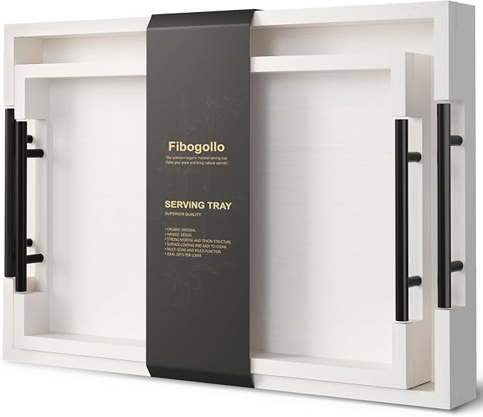 Fibogollo Set of 2 Bamboo Serving Trays with Metal Handles(White) | Ottoman Decorative Trays Platter for Coffee Table,Living Room,Bar,Party,Holiday Hosting and Outdoor Entertaining