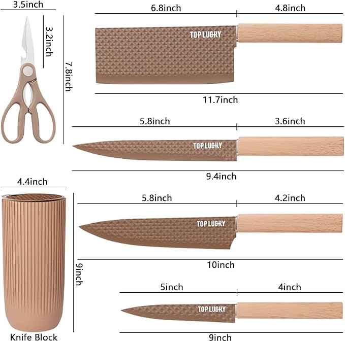 Knife Set, Wiztoynia 6-Piece Coffee Kitchen Knife Set for Home, Anti-Rust Non-stick Stainless Steel Sharp Chef Knife Set with Universal Knife Block for Kitchen, Ergonomical Design (Coffee)