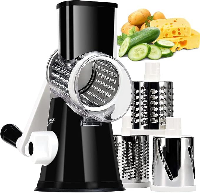 Rotary Cheese Grater Hand Crank Black - Shredder Slicer Grinder 3 Stainless Steel Blades, Stable Suction, Labor-Saving Handle, Safe Kitchen Tool for Cheese, Vegetable, Nuts, Chocolate
