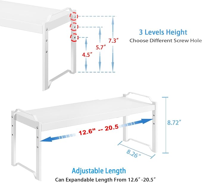 4 Pack Kitchen Cabinet Shelves Organizers, Kitchen Counter Storage Shelf Spice Rack, Expandable Length, Adjustable Height, Stackable, Sturdy 30LBS Bearing, Small Cupboard Tabletop Organizer Shelf Rack