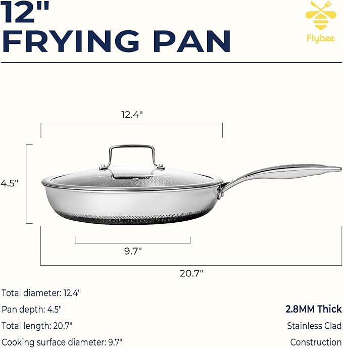 12 Inch Hybrid Nonstick Frying Pan with Lid, Tri-Ply Stainless Steel Pan with Non-Toxic Ceramic Coating, FDA Compliant & PFAS-Free, Dishwasher & Oven Safe, Induction & All Cooktops Compatible