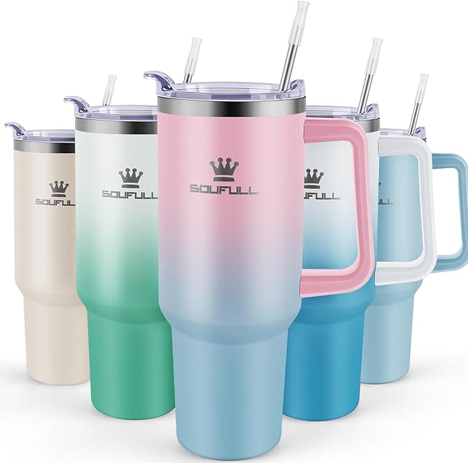 Soufull 40 oz Tumbler with Handle and Straw Lid, 100% Leak-proof, PinkBlue | Stainless Steel Insulated Travel Coffee Cup, Keeps Cold 34Hrs or Hot 10Hrs, Dishwasher Safe