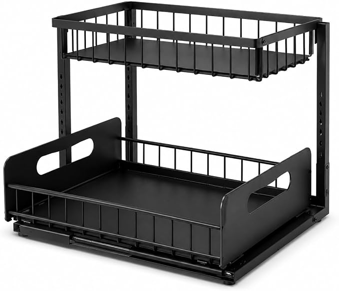 Under Sink Organizer, 2 Tier Adjustable Cabinet Organizer with Slide-Out Drawer, Heavy Duty Metal Storage Rack for Kitchen, Bathroom & Laudry room.