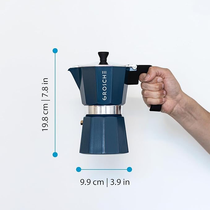 GROSCHE Milano Stovetop Espresso Maker Moka Pot 6 espresso Cup, 9.3 oz Blue | Cuban Coffee Maker And Italian Moka Pot For Stovetop Espresso; For Gas, Electric, And Propane Stoves With A Soft-Touch Handle
