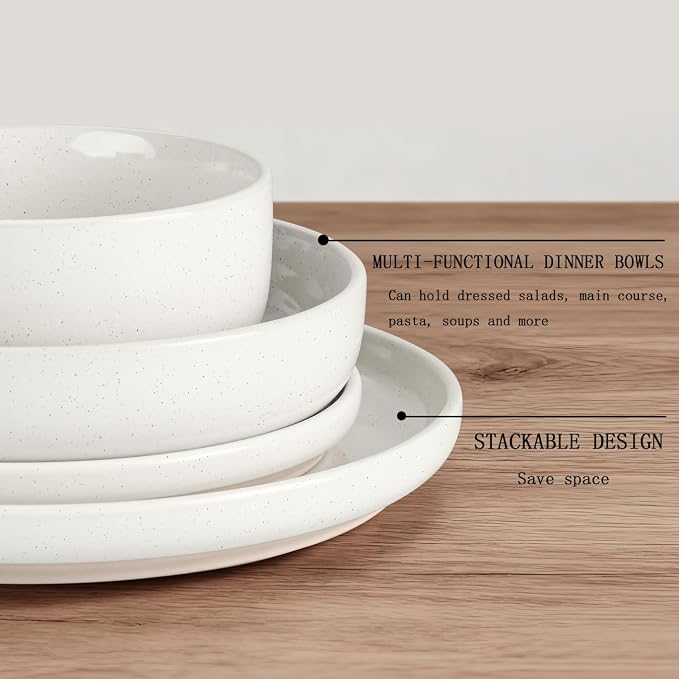 HaWare 16-Piece Plates and Bowls Set for 4, Stoneware Dinnerware Sets with Pasta Bowl, Dishes Set for Home Restaurant, Speckled Milky White