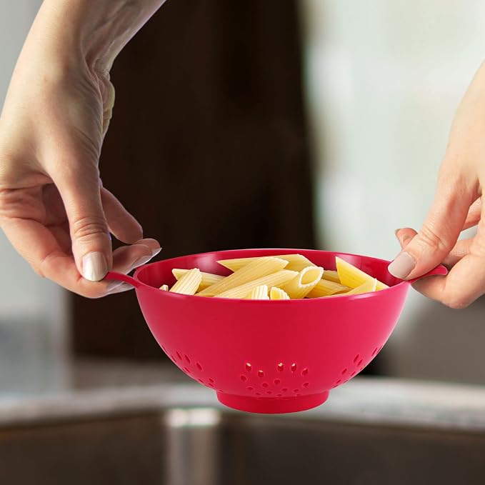 Meadow Lane 6-Inch Small Colanders, 3-Cup Food Strainers, Red/Blue, 2-Pack | BPA-free, dishwasher-safe mini colander has a wide, shallow bowl, 1/8-inch holes, two handles, ring foot and smooth edges.
