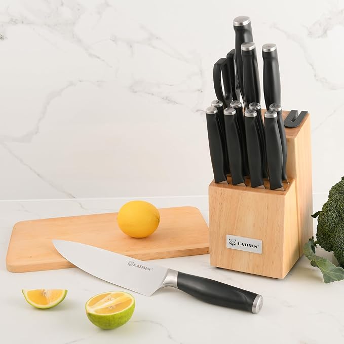 15-Piece ABS Handle Knife Set with Natural Block | ABS Ergonomic Handles For Kitchen Chef Blades & Serrated Steak Knives. Includes Built-In Sharpener Rod & Shears