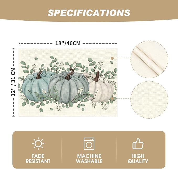 Artoid Mode Pumpkins Eucalyptus Leaves Fall Placemats Set of 4, 12x18 Inch Autumn Thanksgiving Holiday Table Mats for Party Kitchen Dining Decoration | Heat-Resistant Table Mats, Washable Seasonal Autumn Leaves Kitchen Dining Decor