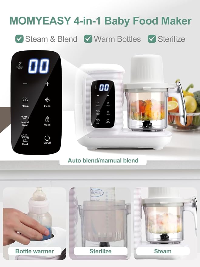 MOMYEASY Baby Food Maker, Food Steamer with Dual-Layer Steam Basket, White | 5 in 1 Baby Food Processor, Steamer & Blender for Healthy Homemade Baby Food, Baby Feeding Essentials