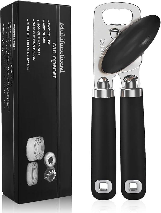 Safring Can Opener Manual, Heavy Duty Stainless Steel Smooth Edge Can Openers With Soft Touch Handle, Oversized Handheld Easy Turn Knob, Multi-Function Bottle Opener, Black