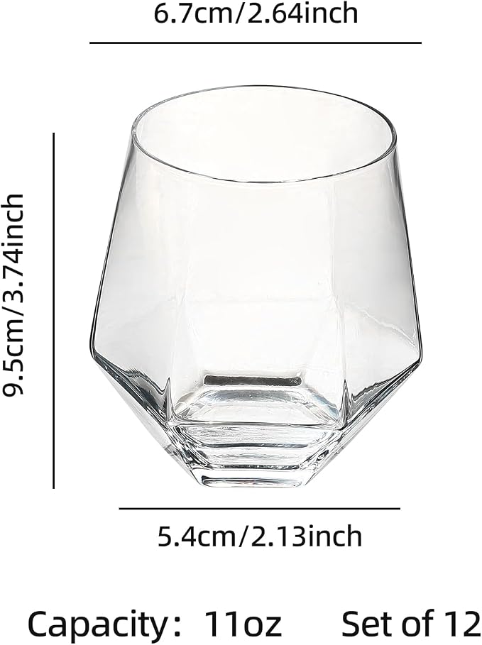 Diamond Wine Glasses Set of 12, 11 oz Stemless Tumbler Glasses | Clear Glass for Wine, Cocktail, Whiskey, Juice, Soda - Ideal for Parties, Home Bar, Daily Use & Gift Giving