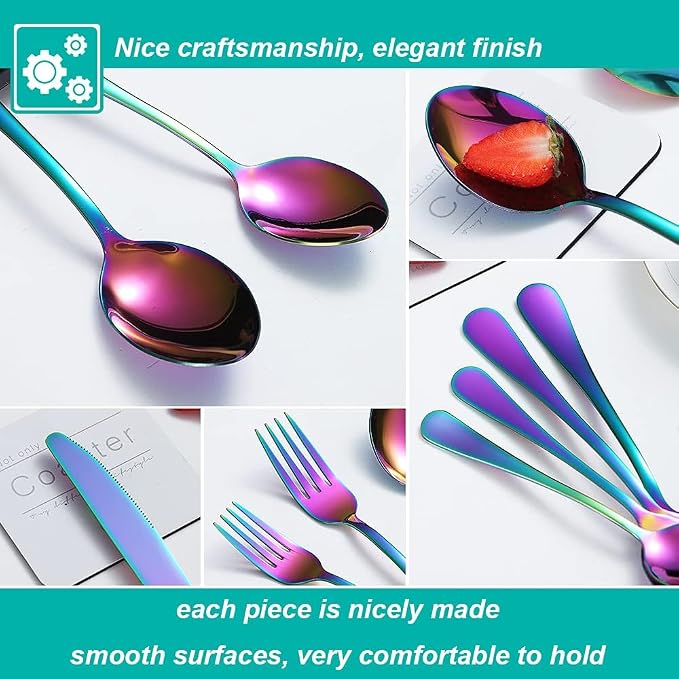 30 Pcs Rainbow Silverware Set for 6, Food Grade Stainless Steel Flatware Set, Eating Utensils Sets Include Fork/Knife/Spoon,Home Kitchen Tableware Set, Reusable Cutlery Set, Dishwasher Safe