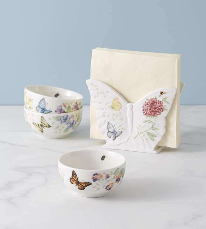 Lenox Butterfly Meadow Porcelain 3-Piece Mini Bowl Set for 1, 8oz | dishwasher safe | plates and bowls sets for kitchen and dining | 8oz capacity, . inch diameter, gift for women
