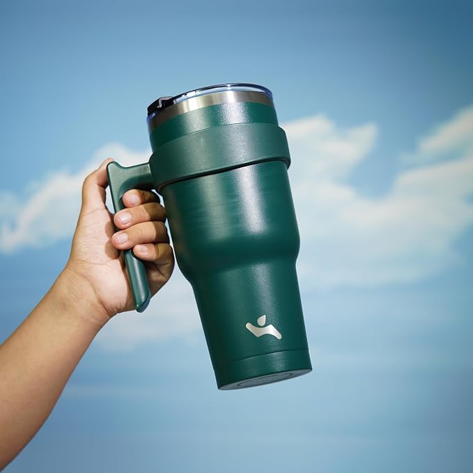 Konokyo 30 oz Tumbler with Handle and Straw, Insulated Travel Mug | Army Green; BPA-free, leak-proof tumbler with 2 lids, 2 straws, cup holder fit for coffee, office, travel & daily use