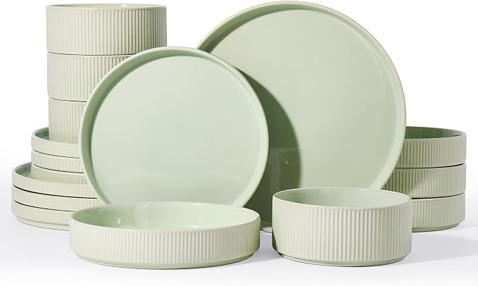 Famiware Star Stoneware Dinnerware Sets with Pasta Bowls, 16pc Dishes for 4 | Ceramic Flat Plates and Double Bowls. Chip & Scratch Resistant. Microwave & Dishwasher Safe, Everyday Dining, Light Green
