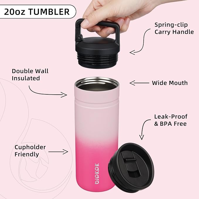 BJPKPK 20 oz Insulated Travel Water Bottle, Coffee Tumbler Stainless Steel | Double Wall Vacuum, Leakproof, Thermal, Keeps Hot/Cold, Dishwasher Safe, Spill Proof, Wide Mouth, 2 Lids, Cherry Blossom
