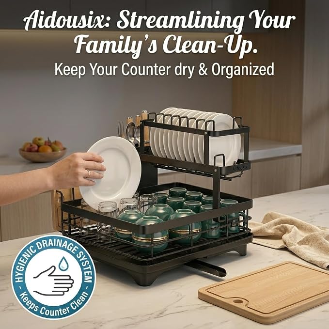 2-Tier Dish Drying Rack for Kitchen Counter, Large Capacity Dish Drainer with Swivel Spout, Rust-Proof Carbon Steel Utensil Holder and Cutting Board Rack, Easy No-Tool Assembly