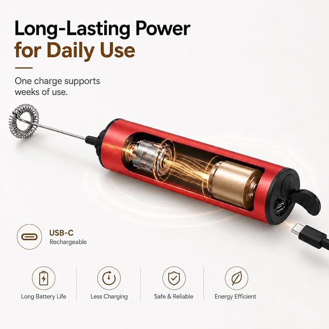 Rechargeable Milk Frother with Stand, Electric Whisks Foam Maker, POWERFUL USB C 2 Speed Handheld Drink Mixer for Coffee, Latte, Cappuccino, Matcha Drinks,Red