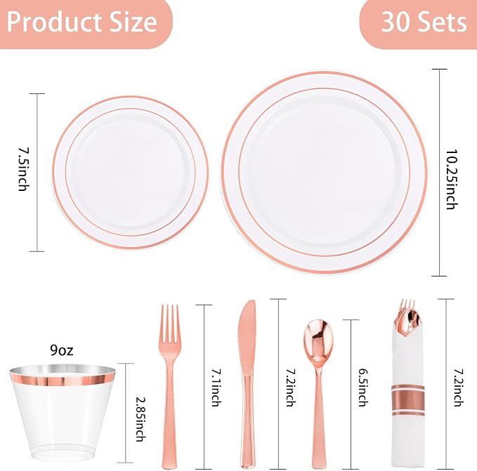 DaYammi 350PCS Rose Gold Plastic Dinnerware Set for 50 Guests, Plastic Plates for Party Include: 50 Dinner Plates, 50 Dessert plates,50 Pre Rolled Napkins with Rose Gold Silverware,50 Cups for Wedding