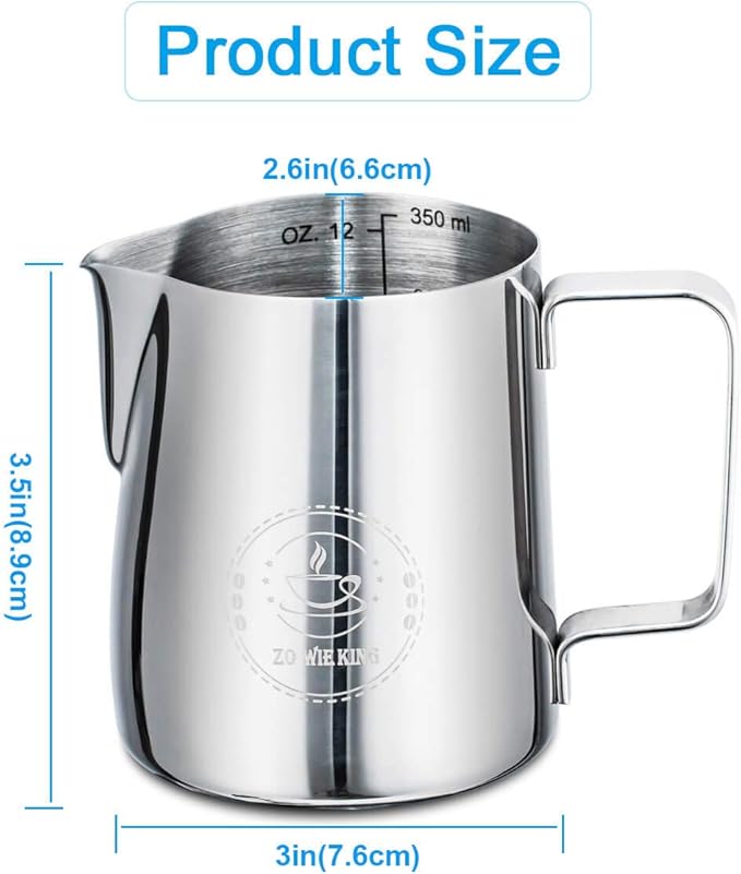 12oz Milk Frothing Pitcher, Stainless Steel Espresso Steamer Frother Cup | 350ml metal jug includes professional latte art decorating pen; top barista accessories for perfect coffee cappuccino making