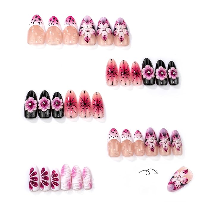 30Pcs 3D Flower Press On Nails Medium Almond Fake Nails Purple Pink Nude Gradient Acrylic Nails with Rhinestones Designs French Tip False Nails Full Cover Summer Floral Artificial Nails for Women